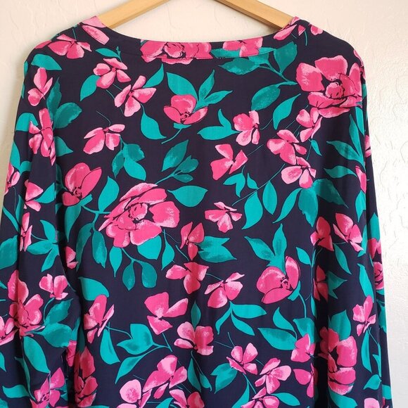 Talbots Split V-Neck Tropical Floral Top Blue/Pink Women's 3X Hawaiian Vacation - Picture 8 of 10